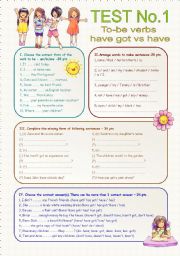 English Worksheet: Elementary Test :To be verbs, Have got, Have