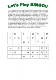 English Worksheet: Bingo!! - Alphabet & Numbers from 1 - 100