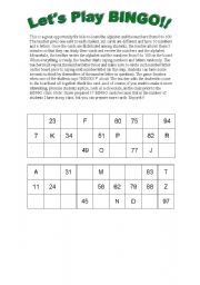 English worksheet: Bingo!! - Alphabet & Numbers from 1 - 100