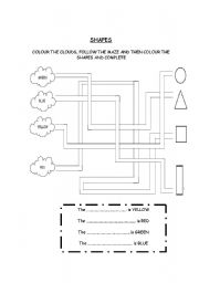 English Worksheet: SHAPES: follow the maze, colour and complete