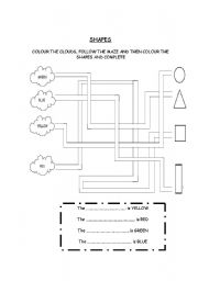 SHAPES: follow the maze, colour and complete