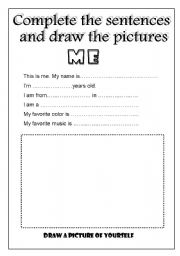 English Worksheet: COMPLETE THE SENTENCES AND DRAW THE PICTURES
