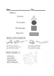 English worksheet: Test shapes, how many? school objects and colours