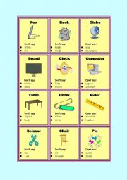 English Worksheet: Taboo cards - Classroom objects