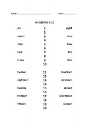 English worksheet: Numbers 1 to 20