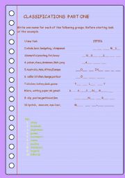 English worksheet: classifications part one