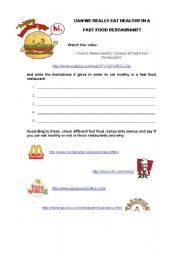 English worksheet: can we really eat healthy food in a fast food restaurant?