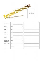 English worksheet: Personal Information Board
