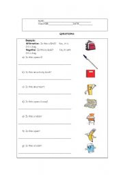 English worksheet: Yes/ no questions about shool objects