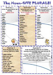 English Worksheet: The Noun: GIVE PLURALS of the following nouns divided into categories.