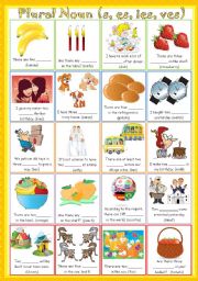 English Worksheet: Plural Nouns (s, es, ies & ves + answer keys included)