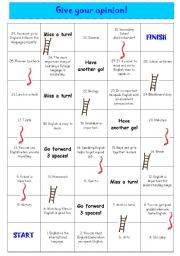 English Worksheet: giving opinions - snakes and ladders - boardgame