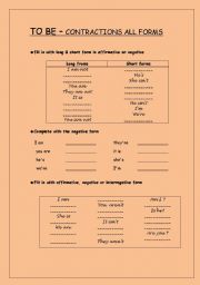 English worksheet: To Be - CONTRACTIONS in all forms - Special Needs