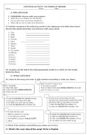 English Worksheet: THE POWER OF DREAMS
