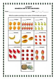English worksheet: Numbers and fruits