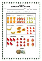 English Worksheet: Numbers and fruits