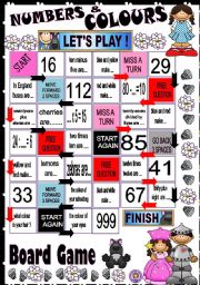 English Worksheet: Numbers and Colours - BOARD GAME