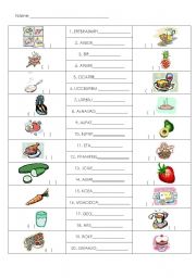 English Worksheet: Food - unscramble and matching