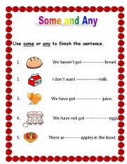 English Worksheet: some and any