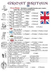 English Worksheet: Quiz:Great Britain, Introduction, geographical position, cou ntries, capitals, symbols, saints.