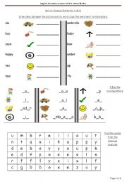 English worksheet: practive of vocabulary and spelling for letters y, u, & x