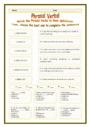 English Worksheet: Phrasal Verbs Practice 03! --*-- Definitions + Exercise --*-- BW included --*-- Fully editable with Key!