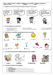 English worksheet: TEST 2: GREETINGS, THE ALPHABET AND GENERAL VOCABULARY