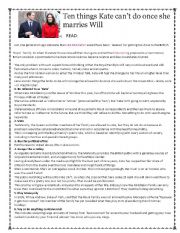 English Worksheet: The royal wedding: Ten things Kate wont be able to do again