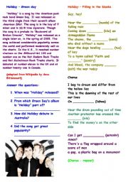 English Worksheet: Song - Holiday (Green Day ) with answer key and pre listening activity