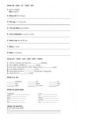 English worksheet: Personal pronouns, possessive pronouns, a/an, plurals, to be questions, there is/are