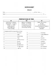 English Worksheet: PREPOSITIONS OF TIME