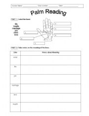 English Worksheet: Palm Reading: Meaning and Dialogue