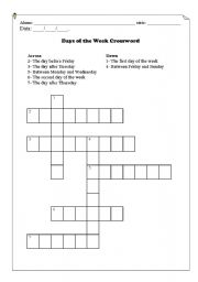 English Worksheet: Days of the week crossword