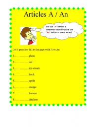 English worksheet: Article a/an