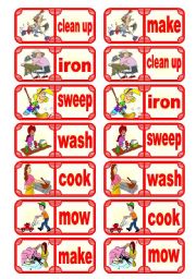 English Worksheet: Dominoes: Housework  present simple  adverbs of frequency   vocabulary, grammar & oral skills  7 verbs  28 pieces  2 pages  editable