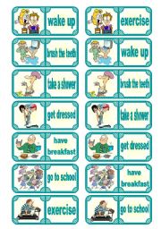 English Worksheet: Dominoes: Routines in the morning present simple  adverbs of frequency  vocabulary, grammar & oral skills  7 verbs  28 pieces  2 pages  editable