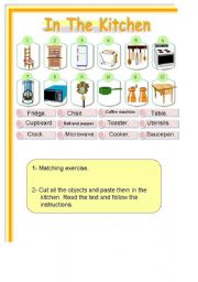 English Worksheet: In the kitchen , 3 pages, key included, prepositions of place.
