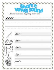 English worksheet: SHORT E VOWEL SOUND (PLANA-CURSIVE LETTER)