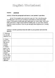 English worksheet: Worksheet-American/Irish Students` Education System