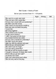 English Worksheet: Bet Game - Simple Past