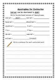 English Worksheet: Apostrophes for Contraction