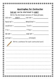 English worksheet: Apostrophes for Contraction