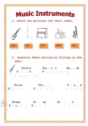 English Worksheet: Music Instruments for begginers and young learners (part 1)