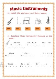 English worksheet: Music Instruments for begginers and young learners (part 1)