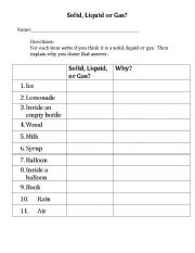 English Worksheet: Solid, Liquid, Gas?