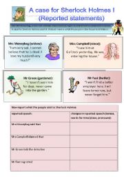 English Worksheet: Sherlock Holmes case I: Reported speech (statements, orders, questions)