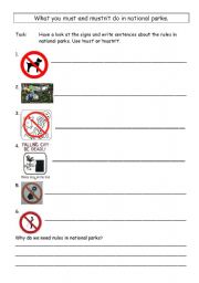 English Worksheet: What you must and mustnt do in national parks