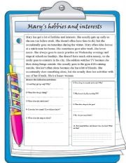 English Worksheet: marys hobbies and interests