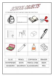 English Worksheet: School Objects - Cut and paste