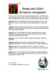 English Worksheet: Romeo and Juliet extension assignment